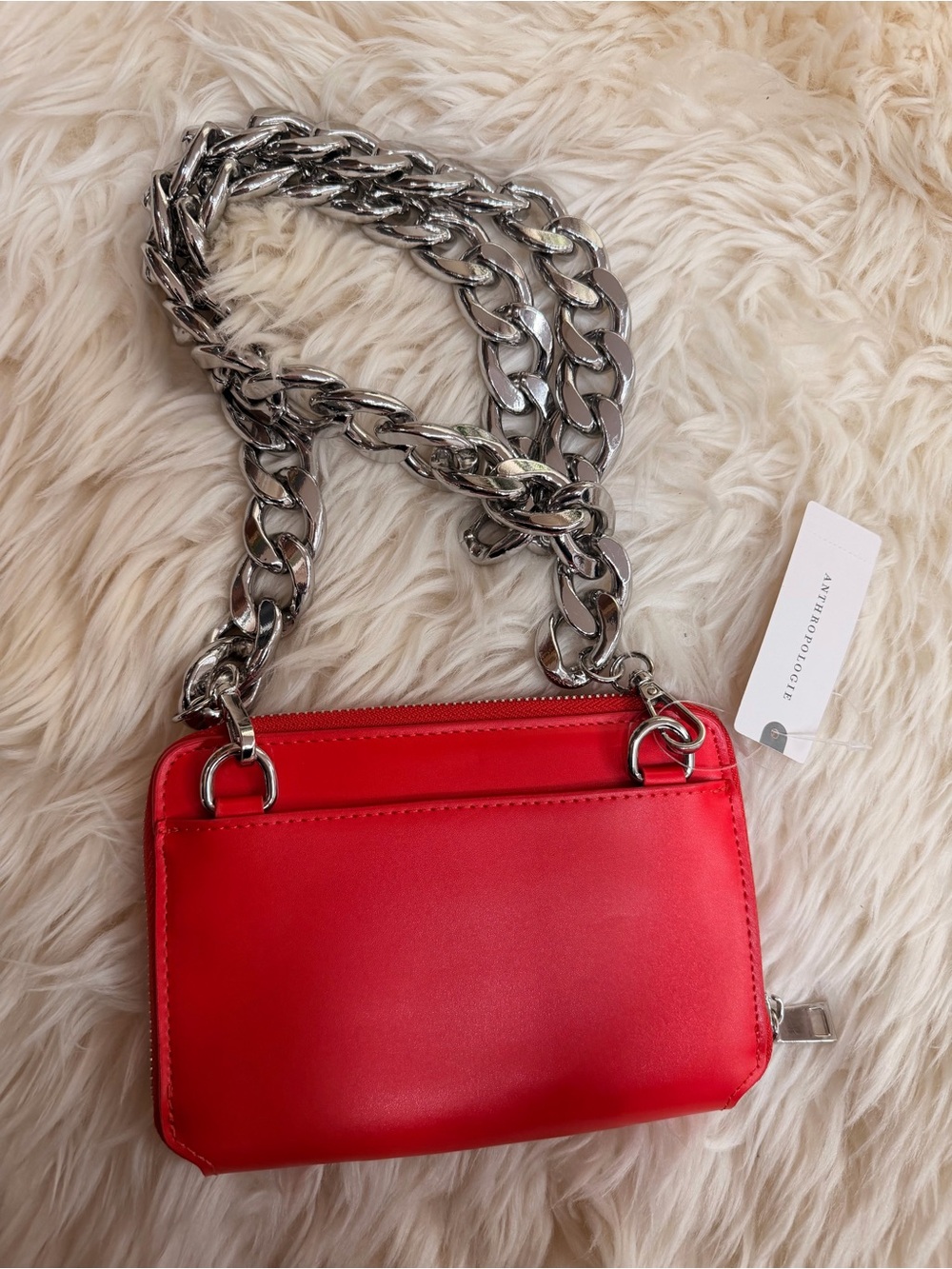Anthropologie Red Leather Crossbody Bag with Silver Chain new